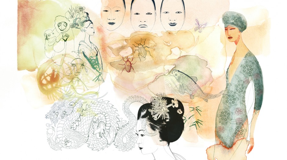 Illustrazione acquarello, moda, donna e Giappone
