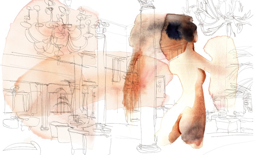 Watercolor illustration nude and interior, Alessandra Scandella