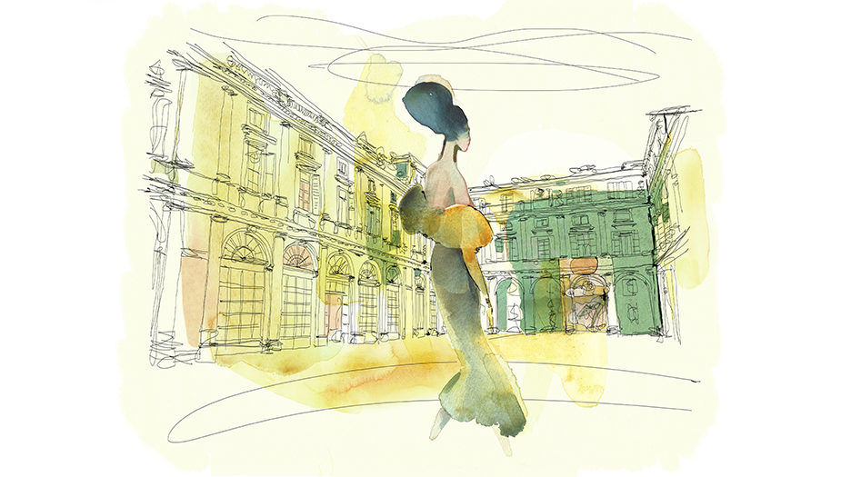 Watercolor fashion illustration, palazzo italiano, Alessandra Scandella