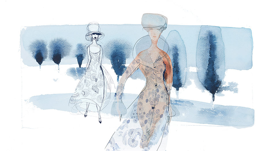 Watercolor fashion illustration, winter, nature, Alessandra Scandella
