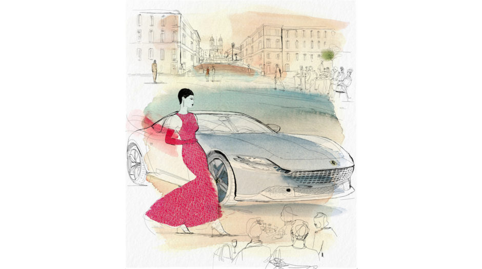 Watercolor and ink fashion illustration, Ferrari, 1, Alessandra Scandella